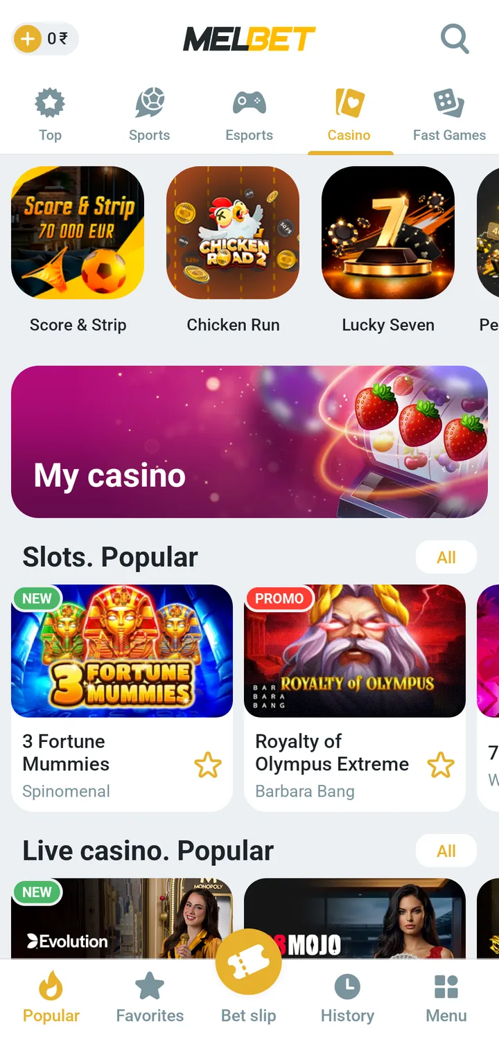 MelBet casino lobby in the mobile app with popular slots and live casino