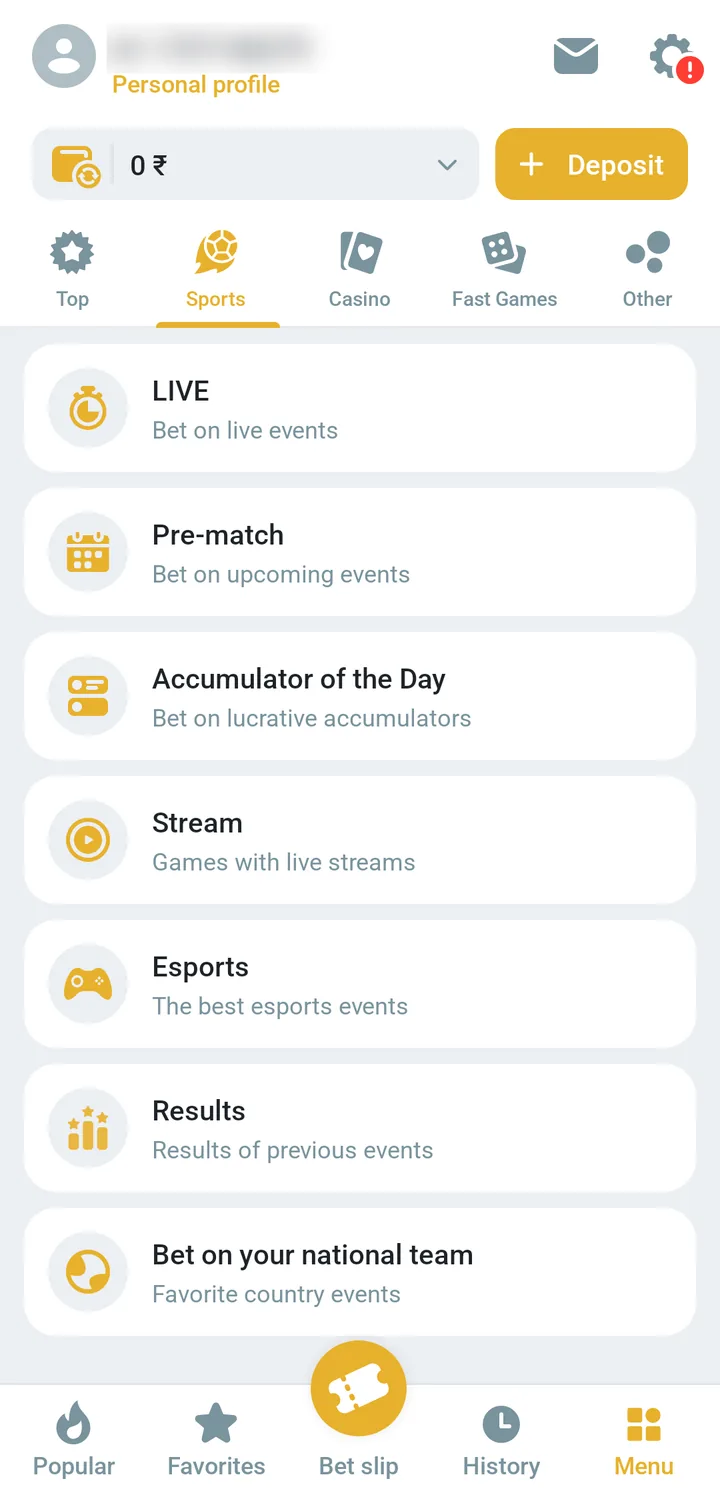 MelBet app sports menu with live, pre-match and Accumulator of the Day