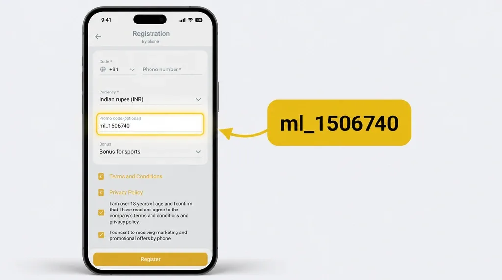 MelBet promo code ml_1506740 in the app registration form